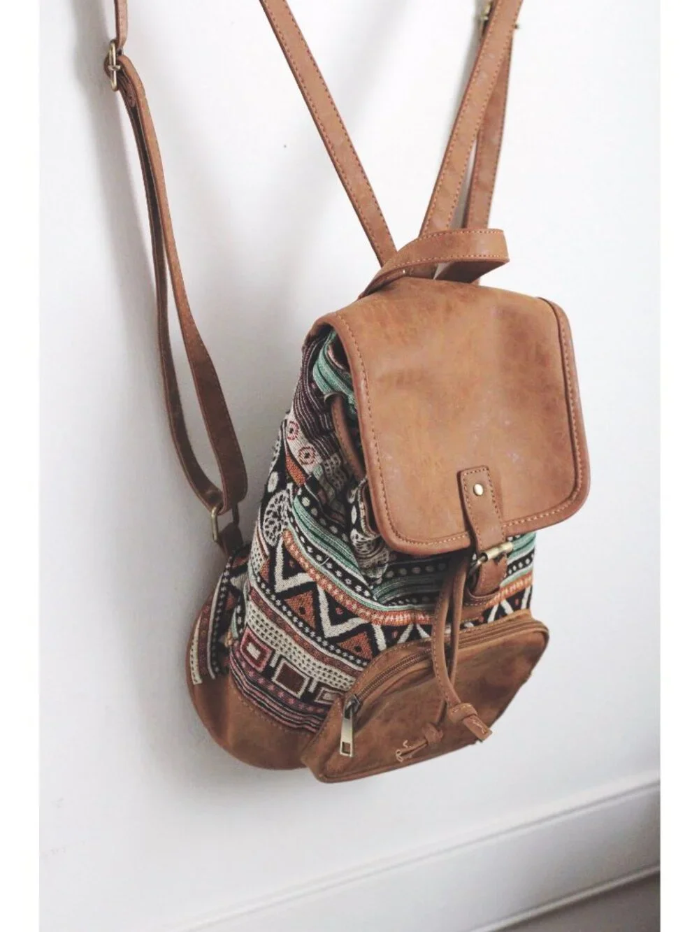 Boho Vintage-Style Brown Leather & Woven Backpack Adjustable Straps Tribal Print - Picture 2 of 4